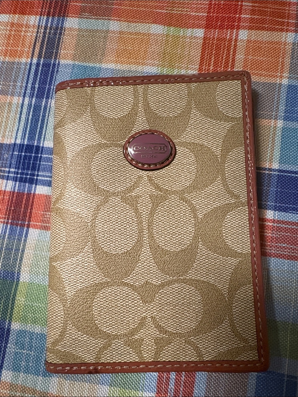 Coach Tan Signature Canvas Passport Cover with Brown Trim